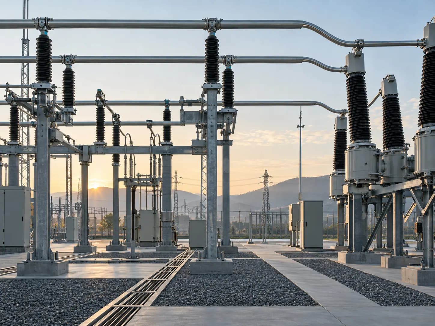 Electrical substation equipment against a dawn sky, typical of power EPC delivery.